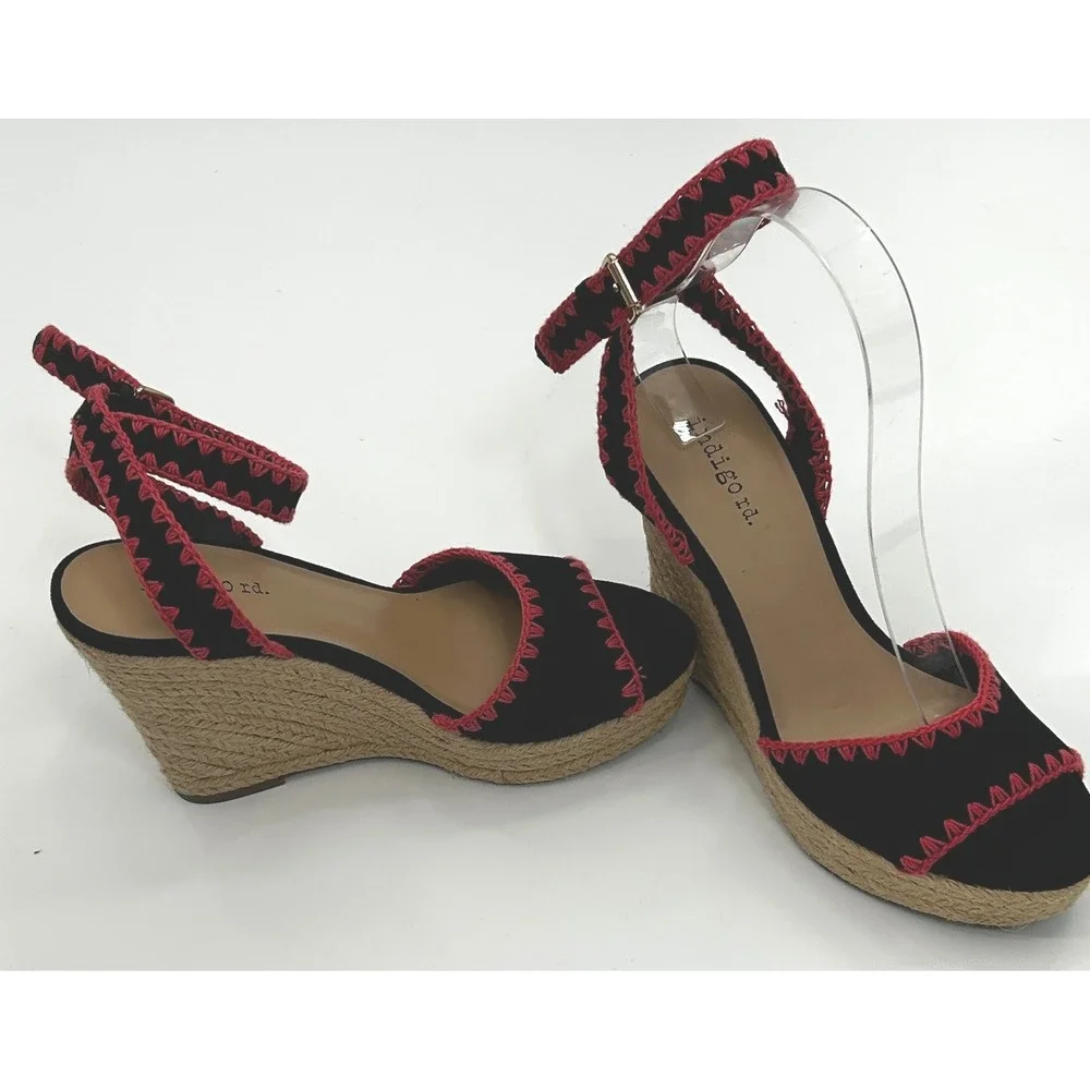 Indigo Rd Womens Black Pink Embroidered Espadrille Wedge Sandals Size 6